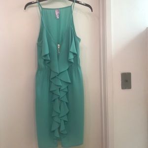 Teal blue dress with ruffles and a front zipper